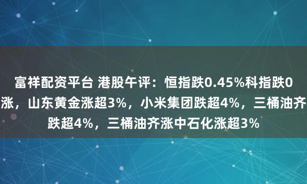 富祥配资平台 港股午评：恒指跌0.45%科指跌0.98%！黄金股普涨，山东黄金涨超3%，小米集团跌超4%，三桶油齐涨中石化涨超3%